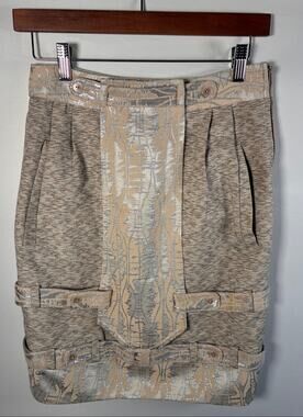 Vintage Mayle Patchwork Jacquard Skirt 8 Beige Metallic Button Tab Knee Length